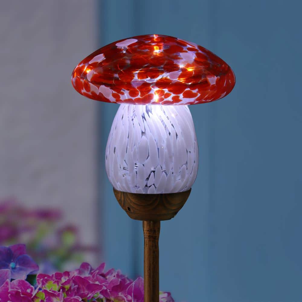 Solar Red and White Glass Mushroom Garden Stake Light