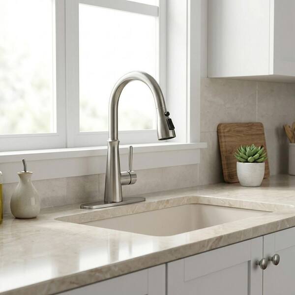 15.4 in. Single Handle Pull-Down Sprayer Kitchen Faucet, Kitchen Faucet with 360° Swivel Spout in Brushed Nickel