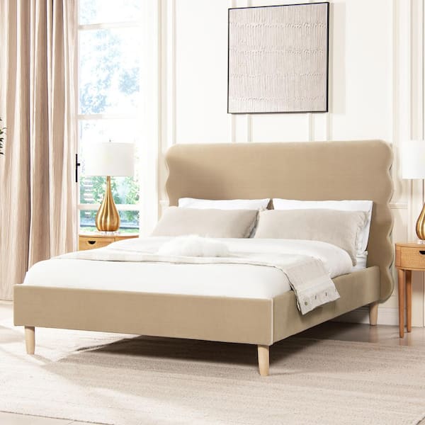 Fawn Brown Stockholm Performance Velvet Upholstered Frame Queen Platform Bed with Modern Wavy Headboard