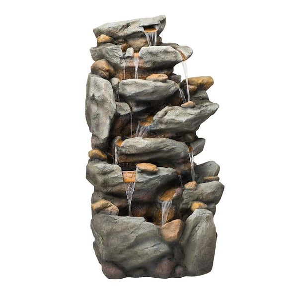 Alpine Corporation 50 in. Tall Outdoor 8-Tier Rock Waterfall Fountain with LED Lights, Grey