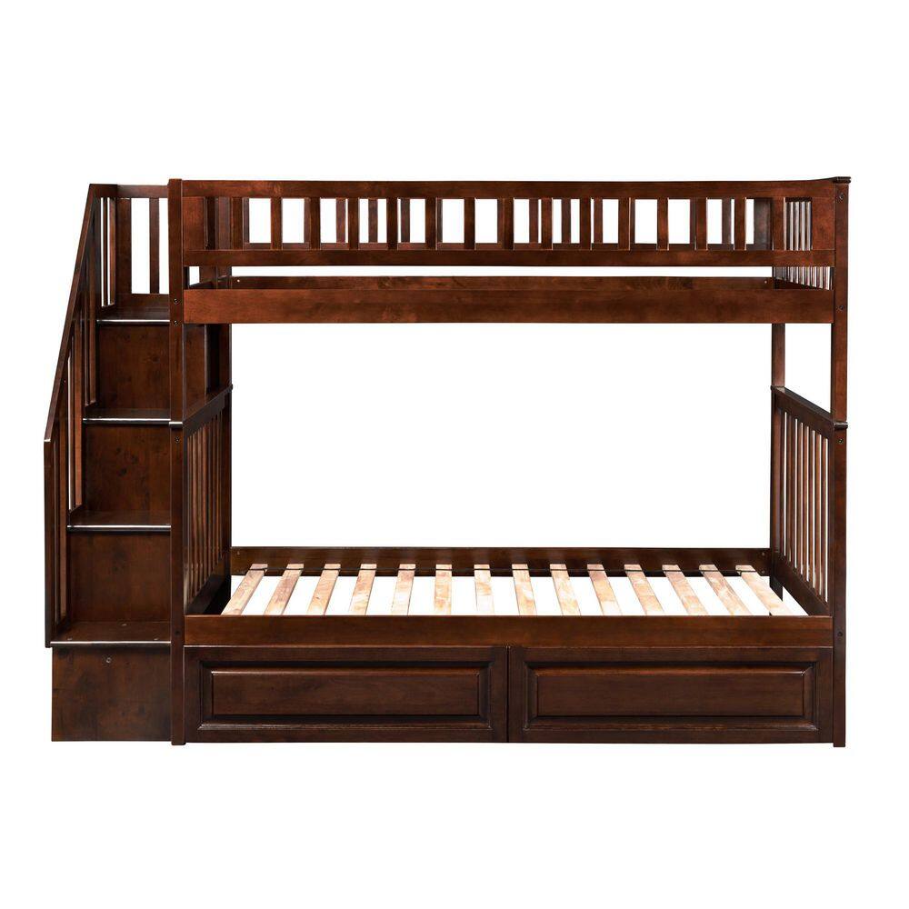 Walnut Twin Over Twin Bunk Bed with Staircase and Storage Drawers