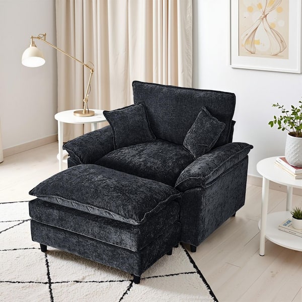 Oversized Black Chenille Soft Single Sofa Accent Chair with Ottoman and 2-Small Pillows for Bedroom and Living Room
