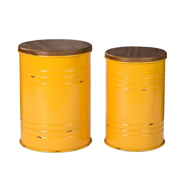 Glitzhome 14.5 in. W Yellow Round Wood Storage End Table or Accent Table or Stool with Solid Wood Lid (2-Pack)