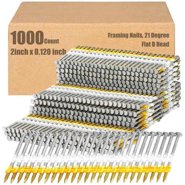2 in. x 0.120-Gauge 21° Electrogalvanized Ring Shank Plastic Collated Framing Nails (1000 Per Box)