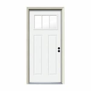 30 in. x 80 in. 3 Lite Craftsman White Painted Steel Prehung Left-Hand Inswing Front Door w/Brickmould