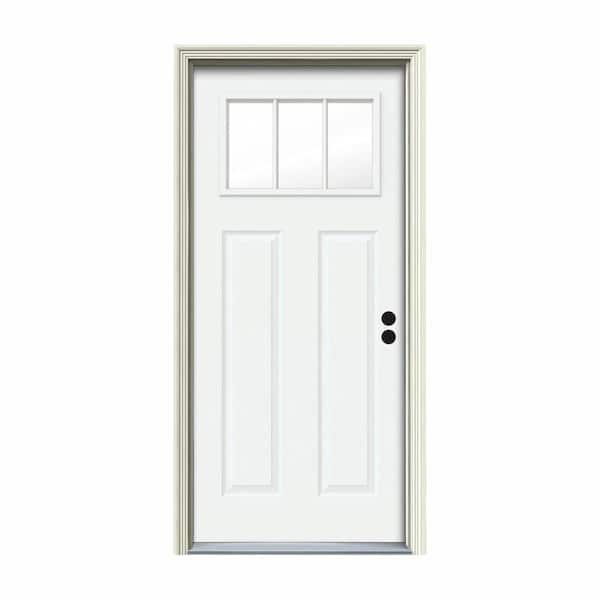 JELD-WEN 30 in. x 80 in. 3 Lite Craftsman White Painted Steel Prehung Left-Hand Inswing Front Door w/Brickmould