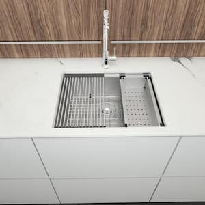 33 in. Undermount Single Bowl 18 Gauge Brushed Nickel Stainless Steel Kitchen Sink with Bottom Grids