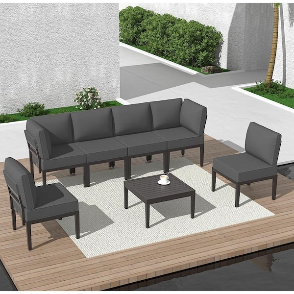 7-Piece Metal Outdoor Sectional Set with Cushion Grey
