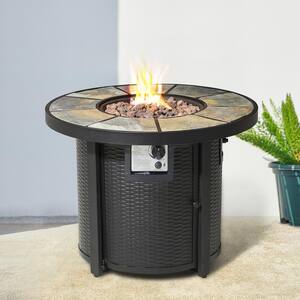 32 in. D 30000-BTU Round Outdoor Slates Top Aluminum Propane Fire Pit Table with Cover