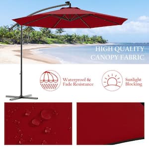 8.5 ft. Patio Solar LED Outdoor Offset Hanging Umbrella in Burgundy with 24-Lights