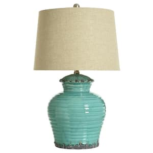 24.5 in. Turquoise Table Lamp with Beige Hardback Linen Shade