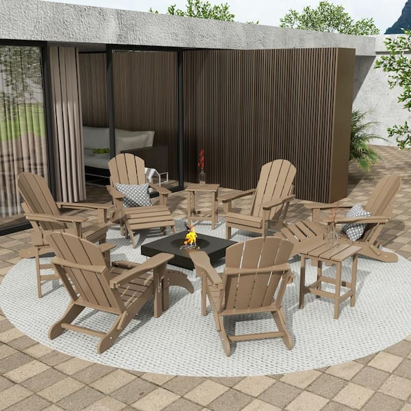 Addison Weather wood 12-Piece HDPE Plastic Folding Adirondack Chair Patio Conversation Seating Set with Ottoman, Table
