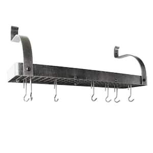 Handcrafted 24 in. Hammered Steel Gourmet Bookshelf Wall Rack with Curved Arm with 12-Hooks