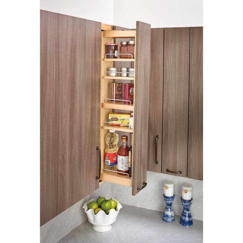 Maple Wood Pull-Out Wall Cabinet Organizer with Chrome Rails