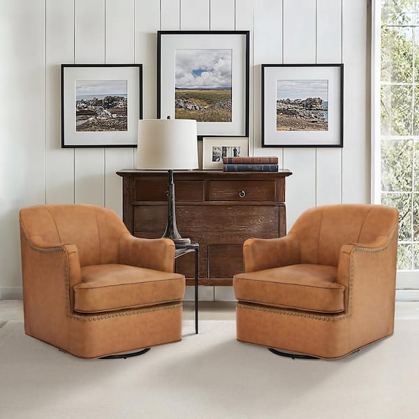 Fazio Whiskey Brown Genuine Leather Modern Curved Back 360° Swivel Accent Arm Chair with Metal Base (Set of 2)