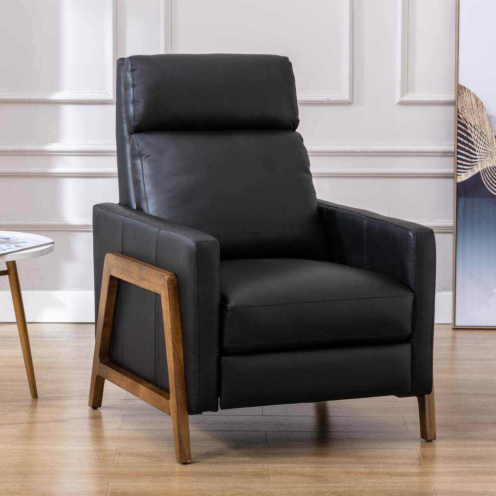 Reed Black Leather and Wood Push Back Recliner
