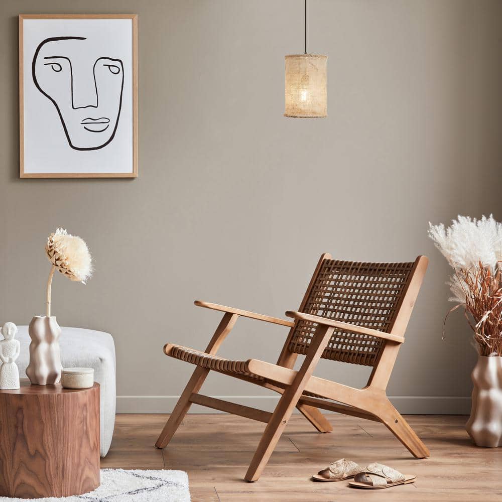 Tan Jute and Black Metal Cylinder Pendant Light