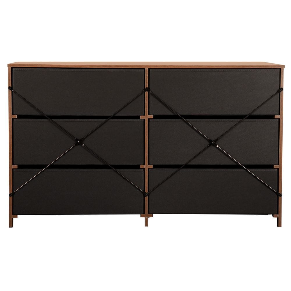Walnut Brown 6-Drawer Double Dresser with Fabric Bins