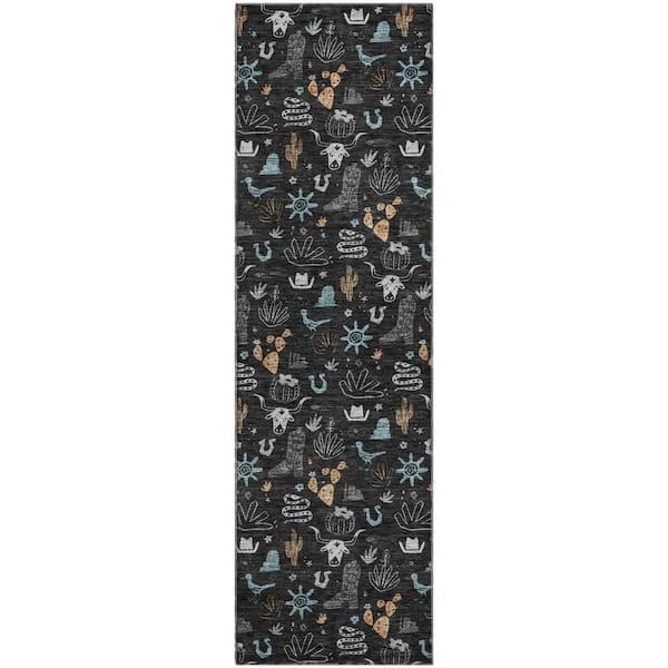 Mayfield Premium Machine Washable Abstract AMF2562 Black 2 ft. x 7 ft. Runner Rug