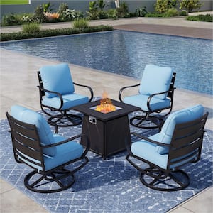 4 Seat 5-Piece Metal Outdoor Fire Pit Patio Set with Blue Cushions, Swivel Chairs and Square Fire Pit Table