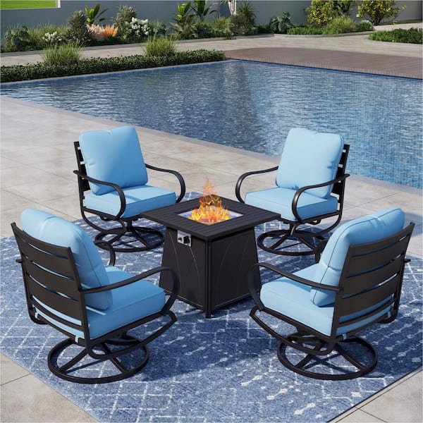PHI VILLA 4 Seat 5-Piece Metal Outdoor Fire Pit Patio Set with Blue Cushions, Swivel Chairs and Square Fire Pit Table