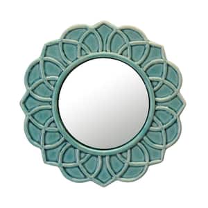 9 in. x 9 in. Decorative Round Turquoise Floral Ceramic Wall Hanging Mirror