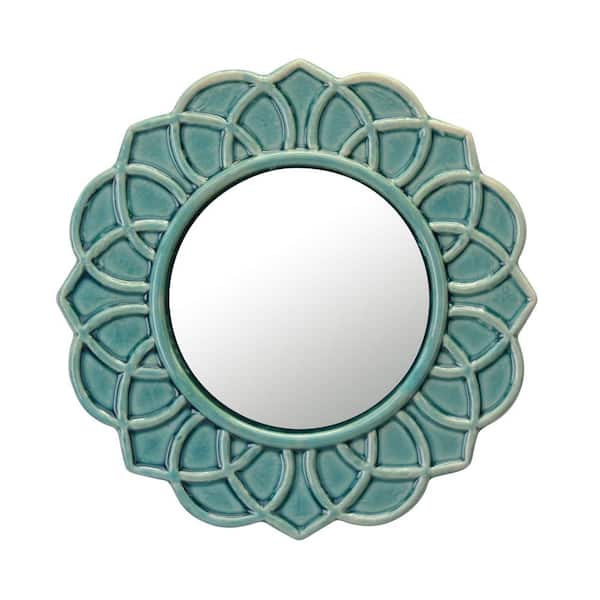 Stonebriar Collection 9 in. x 9 in. Decorative Round Turquoise Floral Ceramic Wall Hanging Mirror