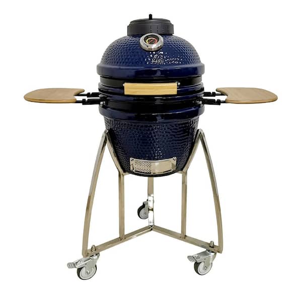 Lifesmart 15 in. Kamado Ceramic Charcoal Grill in Blue with Free Cover, Electric Starter and Pizza Stone