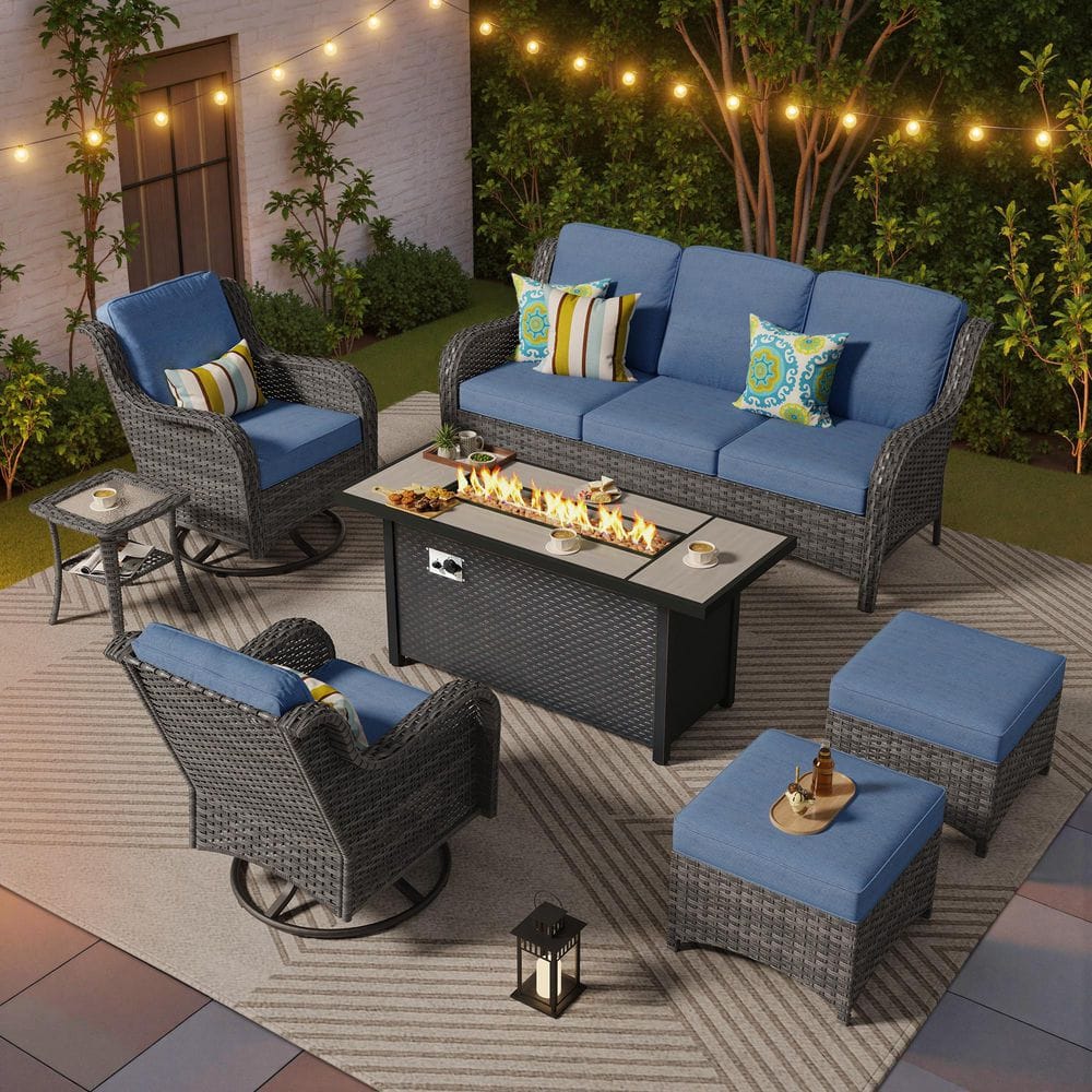 Bali 7 Pieces Wicker Outdoor Patio 54 in. Rectangular Fire Pit Set and Swivel Rocking Chairs with Denim Blue Cushions price history on PriceWatchPro
