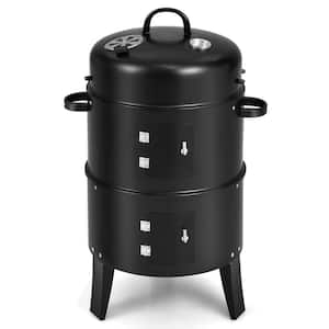 3-in-1 Portable Round Charcoal Smoker Vertical BBQ Grill in Black with Built-in Thermometer