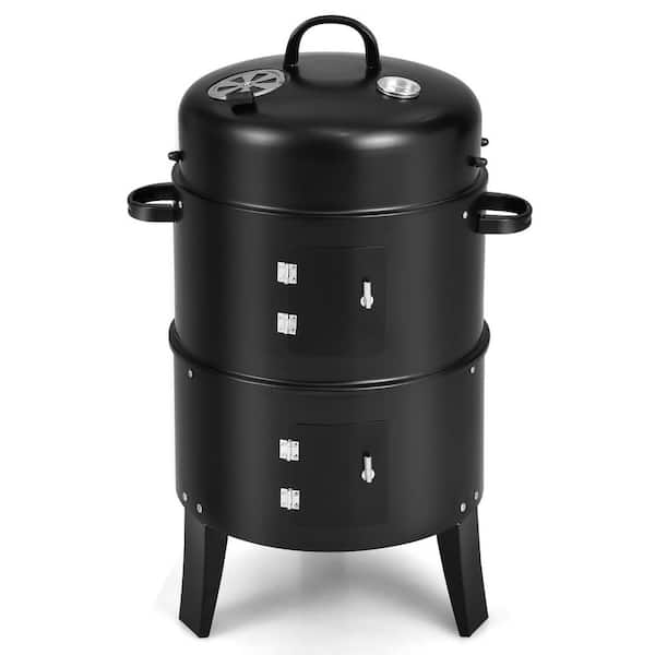 Costway 3-in-1 Portable Round Charcoal Smoker Vertical BBQ Grill in Black with Built-in Thermometer