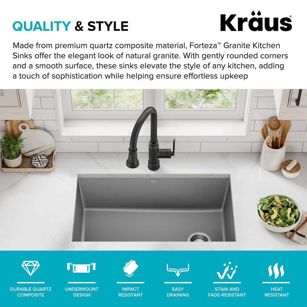 Gray 32-inch Undermount Single Bowl Granite Kitchen Sink