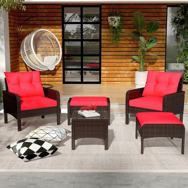 5 Pieces Patio Furniture Set, PE Rattan Wicker Chairs with Ottoman and Table in Red Cushions