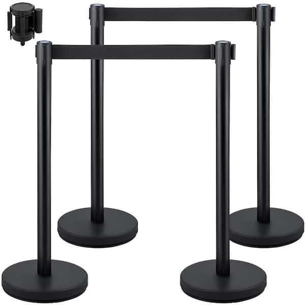 Crowd Control Stanchion Set of 4 Pieces 6.6 ft. Black Retractable Belt Steel Stanchion Post with Metal Base, Black