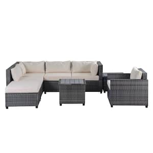 8-Piece Wicker Outdoor Sectional Sofa Set with Beige Cushions Pillows and Coffee Table