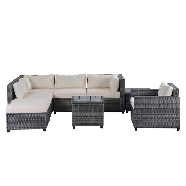Clihome 8-Piece Wicker Outdoor Sectional Sofa Set with Beige Cushions Pillows and Coffee Table