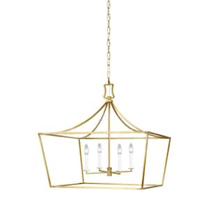 Southold 28 in. W x 25.875 in. H 4-Light Burnished Brass Wide Steel Frame Lantern Chandelier with No Bulbs Included