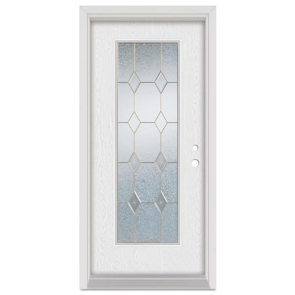 32 in. x 80 in. Geometric Left-Hand Full Lite Brass Finished Fiberglass Oak Woodgrain Prehung Front Door