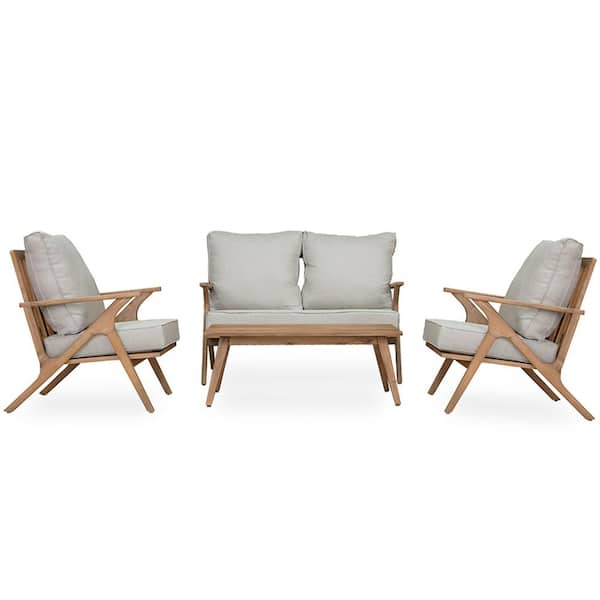 Unbranded 4-Piece Acacia Wood Patio Furniture Chairs Outdoor Bistro Sofa Set with White Cushions and Table for Garden Poolside