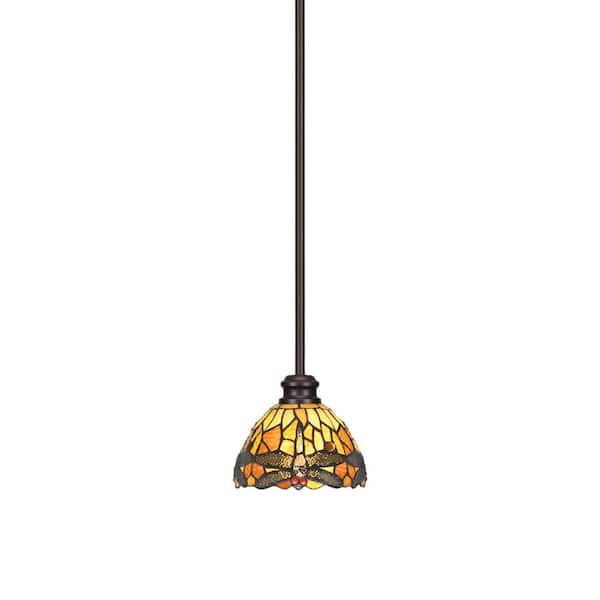 Unbranded Albany 60-Watt 1-Light Espresso Shaded Pendant Light with Amber Dragonfly Art Glass Shade, No Bulbs Included
