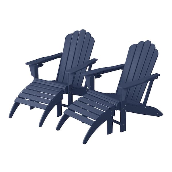 WESTIN OUTDOOR Aderson 4-Piece All Weather Outdoor Navy Blue Plastic Adirondack Cup Holder Chair with Ottoman Patio Conversation Set