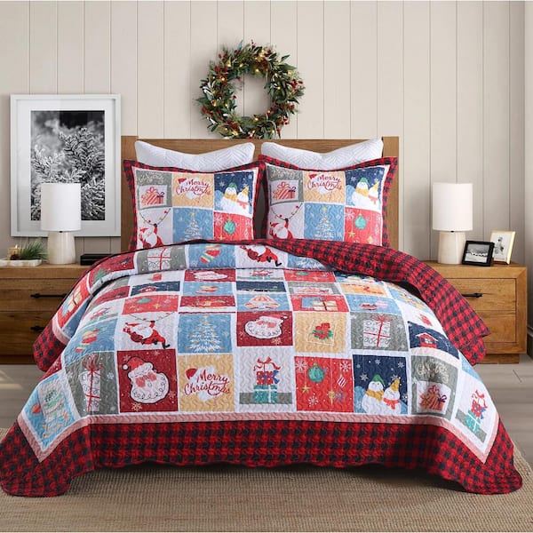 MarCielo C104 Christmas Red Snowflakes Queen Size Polyester Quilt Bedspread Set