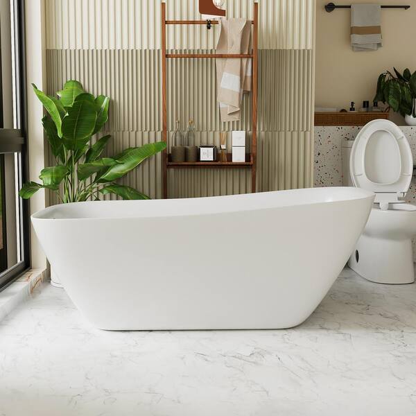 INSTER VELA 59 in. White Acrylic Rectangle Top Sloping Design Freestanding Flatbottom Non-Whirlpool Soaking Bathtub