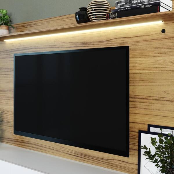 HOMESTOCK Natural Wall Mounted Floating Entertainment Center Fits TVs up to 70 in. Featuring LED Strip Lighting and Drawers 71123HDC The Home Depot