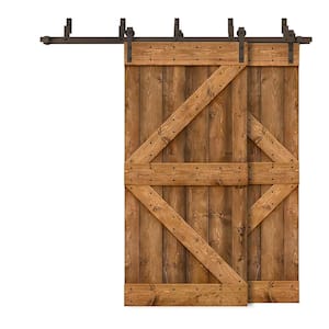 72 in. x 84 in. K Series Bypass Walnut Stained Solid Pine Wood Interior Double Sliding Barn Door with Hardware Kit