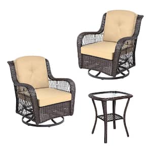 3-Piece Wicker Outdoor Bistro Set with Khaki Cushions 360° Swivel Rocker Chair, Tempered Glass Top Side Coffee Table