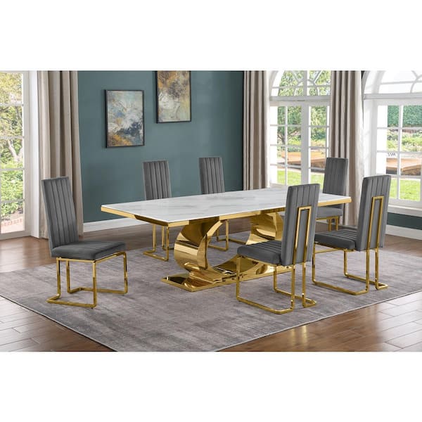 Best Quality Furniture Ibraim 7-Piece Rectangle White Marble Top Gold Stainless Steel Dining Set with 6 Dark Grey Velvet Gold Chrome Iron Chair