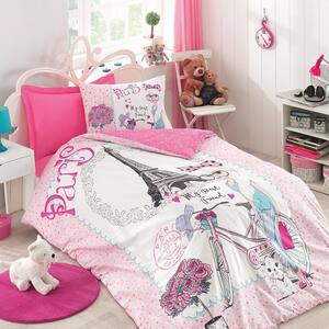 Pink Paris Cotton Duvet Cover Set, Twin Size Duvet Cover, 1 Duvet Cover, 1 Fitted Sheet and 2 Pillowcases, Child Room
