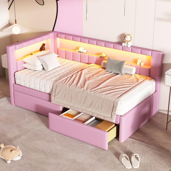 Pink Wood Frame Twin Size Upholstered Platform Bed with 2-Drawers, USB and LED Belt