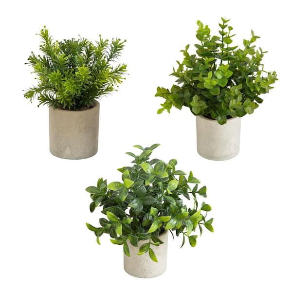 8 in. Green Artificial Mini Greenery Assorted Flowers Potted Plant - Set of 3